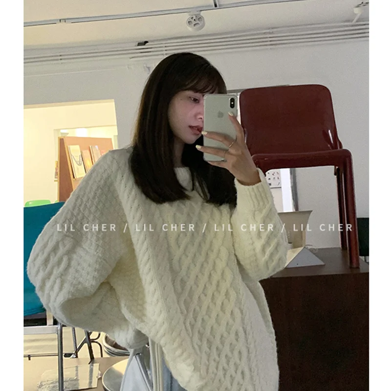 Winter Women Blue Sweater Crew Neck Twist Korean Fashion Lazy Wind Leisure Loose Vintage Pullover Long Sleeves Knitting Tops