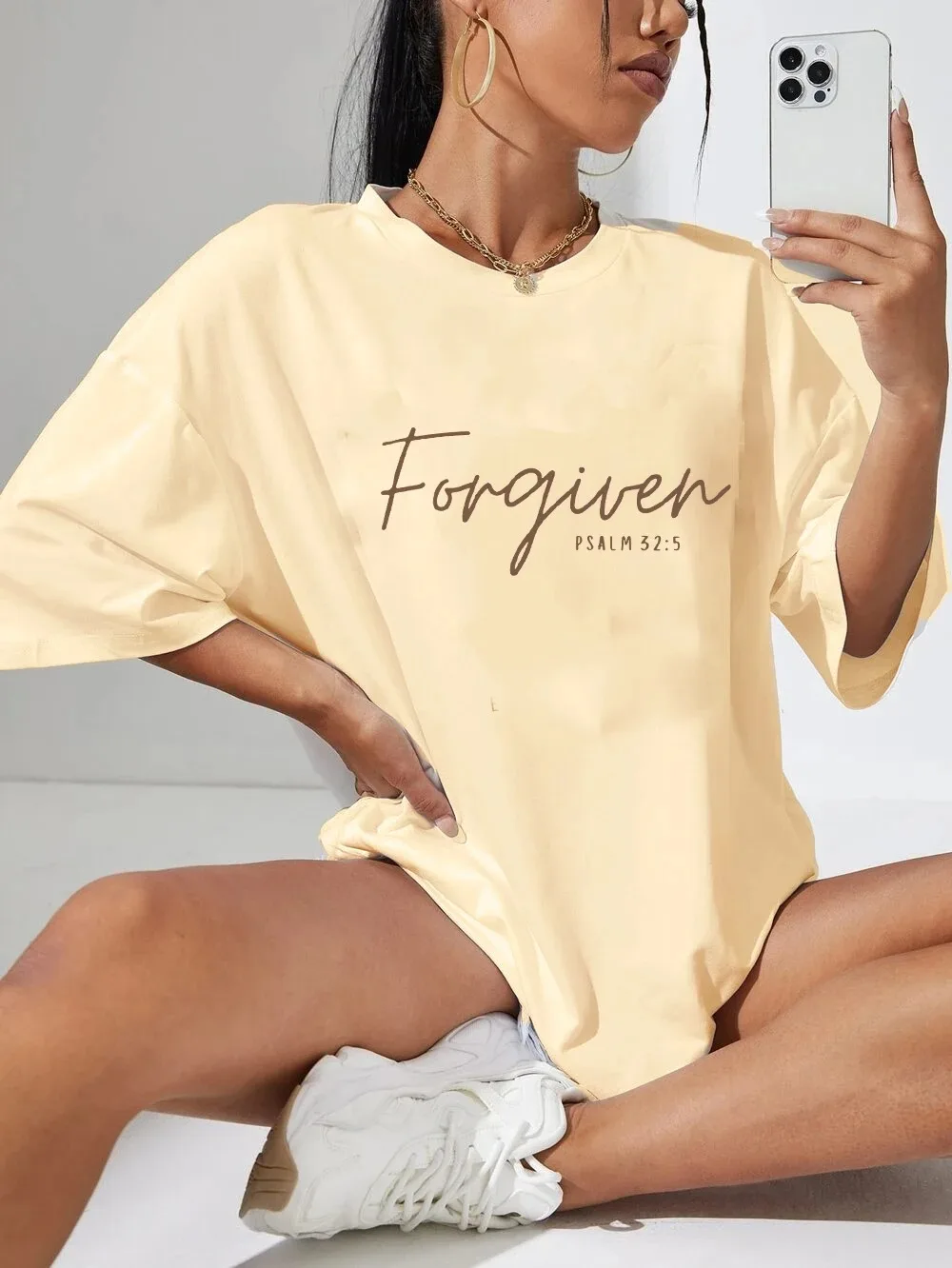 Forgiven Psalm 32:5 Colored Oversized T-Shirt Christian Loose Tee Jesus Apparel Shirt Women Trendy Casual cotton Aesthetic Top