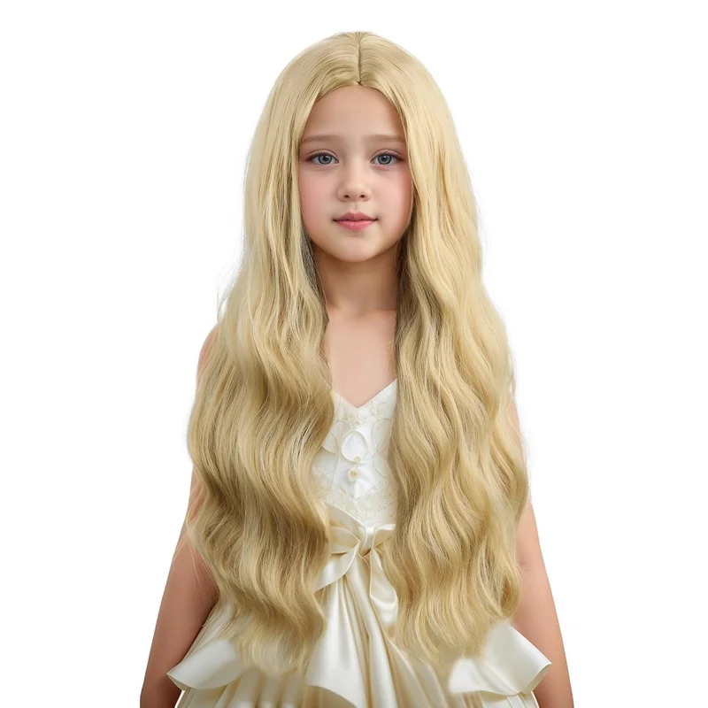 Kid Blonde Long Blonde Wavy Curly Girl Middle Part Wigs Synthetic Wigs with Cap