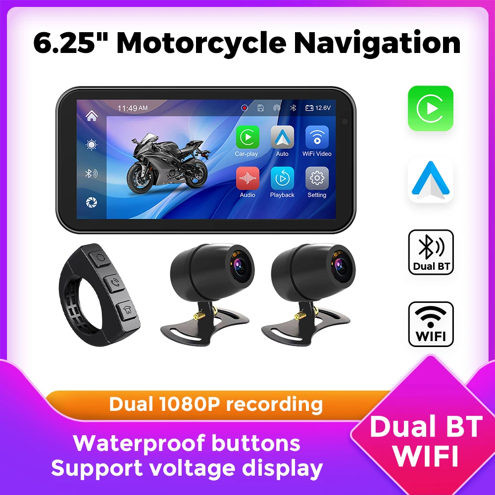 6.25 \'\'Wireless Carplay moto portatile navigazione GPS schermo di visualizzazione moto Wireless Android Auto Monitor impermeabile