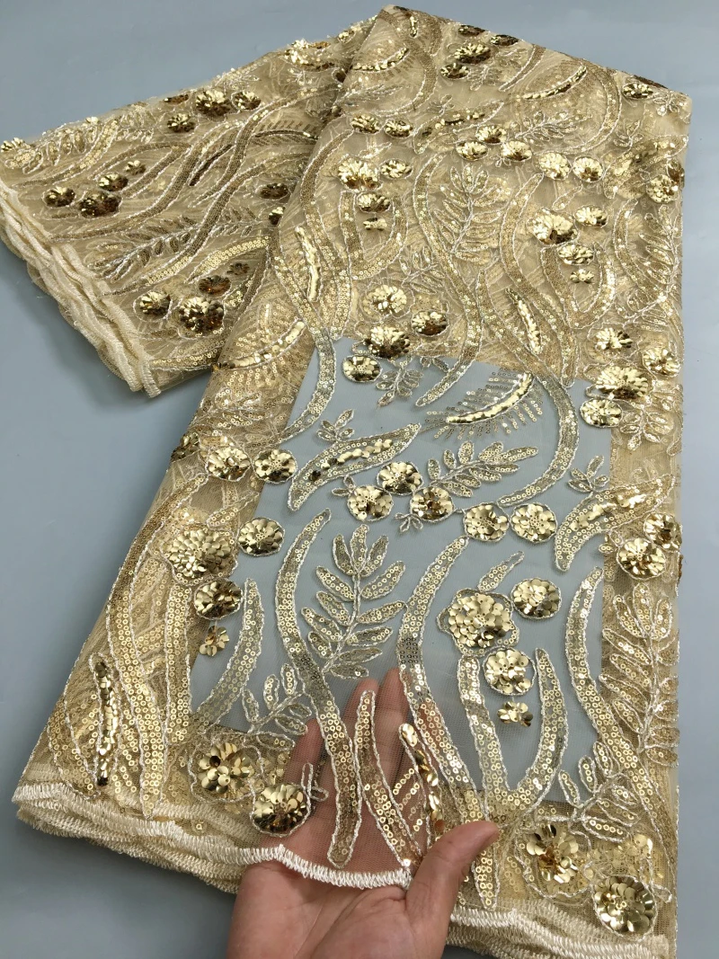 

African Sequins Beaded Groom Lace Fabric High Quality French Tulle Lace Fabric Embroidery Nigerian Lace Fabrics Sewing,5yard4677