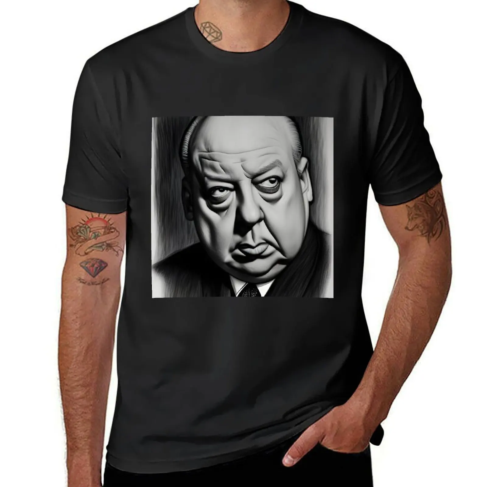 Portrait of Alfred Hitchcock T-Shirt blanks anime clothes customizeds korean fashion mens champion t shirts