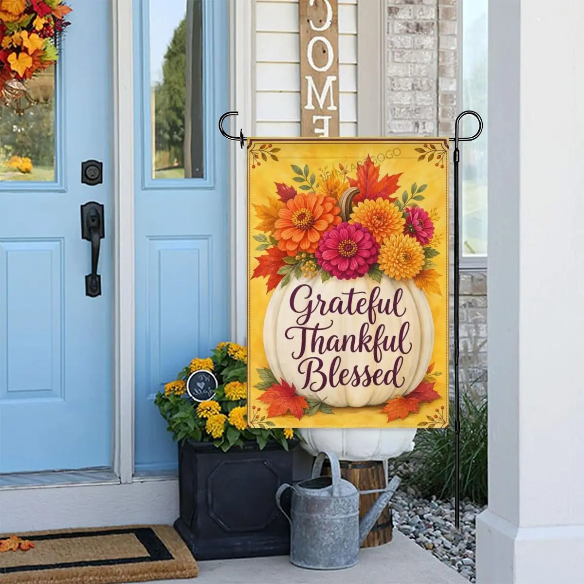 Gratitude Harvest Garden Flag White Pumpkin with Autumn Flower Bouquet Grateful Thankful Blessed 12x18 Inch Double Sided Pol aaz