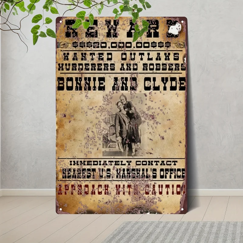 1 قطعة ملصق بوني آند كلايد العتيق - عصر الاكتئاب الرجعية تكساس الخارجين عن القانون ديكور حائط معدني، ألومنيوم شديد التحمل