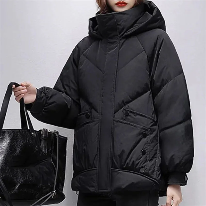 

Winter Female Solid Color Cotton Padded Coat 2025 Women Fashion Hooded Puffer Jacket Korean Ladies Long Sleeves Parkas Outwear
