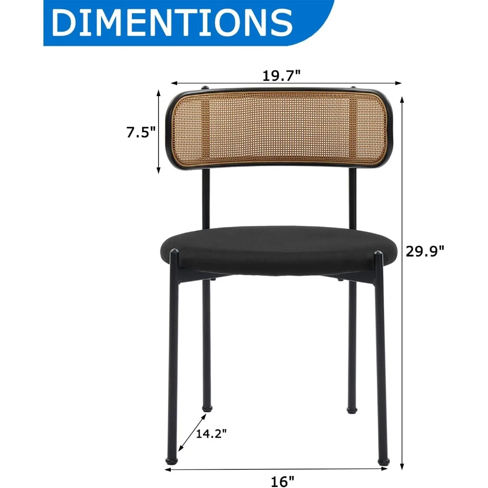 زوج من كراسي تناول الطعام الحديثة المنجدة من مخمل الروطان في منتصف القرن مع مساند ظهر قصب، وكراسي طعام للمطبخ باللون الأسود #2