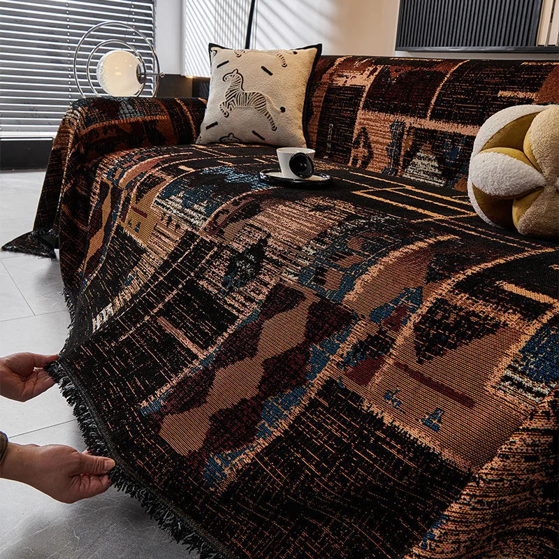 American Retro Geometric Sofa Towel Chenille Printed Anti-Scratch Sofa Cover All Seasons Anti-Stain Couch Blanket for Single