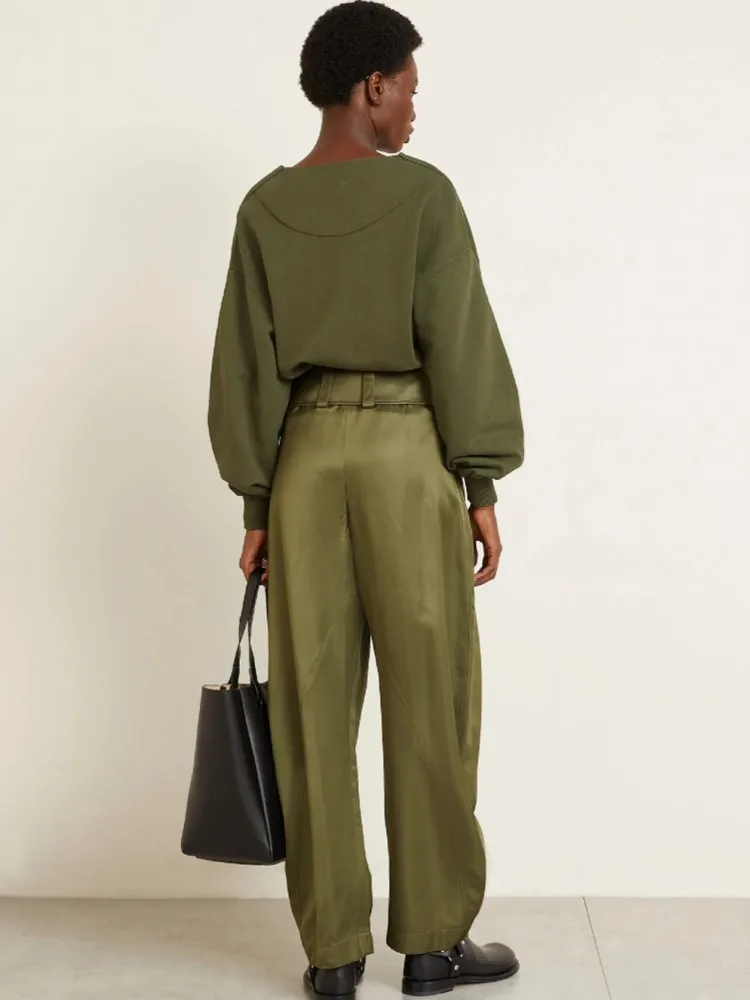 여성용 반짝이는 아미 그린 카프리 팬츠 하이웨이스트 바지 오피스 워크 레이디 풀 렝스 가을 바지 카프리 2026 봄 여름