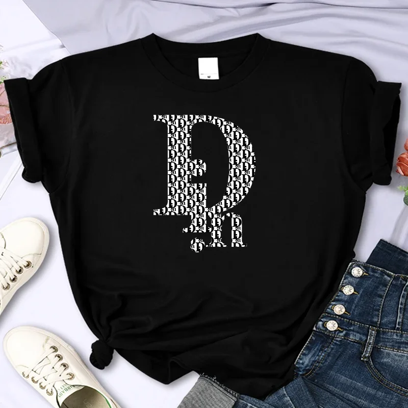 For Women\'s Luxury Brand Letter High-Quality Summer Printing T-shirt 100% Cotton Casual Oversized Y2k Personality Sleeve O-neck