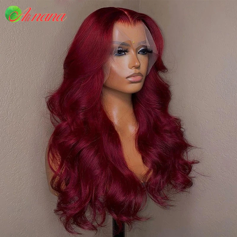 Peluca de cabello humano con cierre Frontal para mujer, postizo de encaje transparente de 13x4, Color rojo cereza, prearrancado, brasileño, 5x5