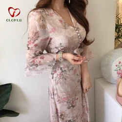 Chic Summer Women Print Midi Chiffon Dress Slim Elegant  Bandage Dress Elegant Runway Dresses Vestido