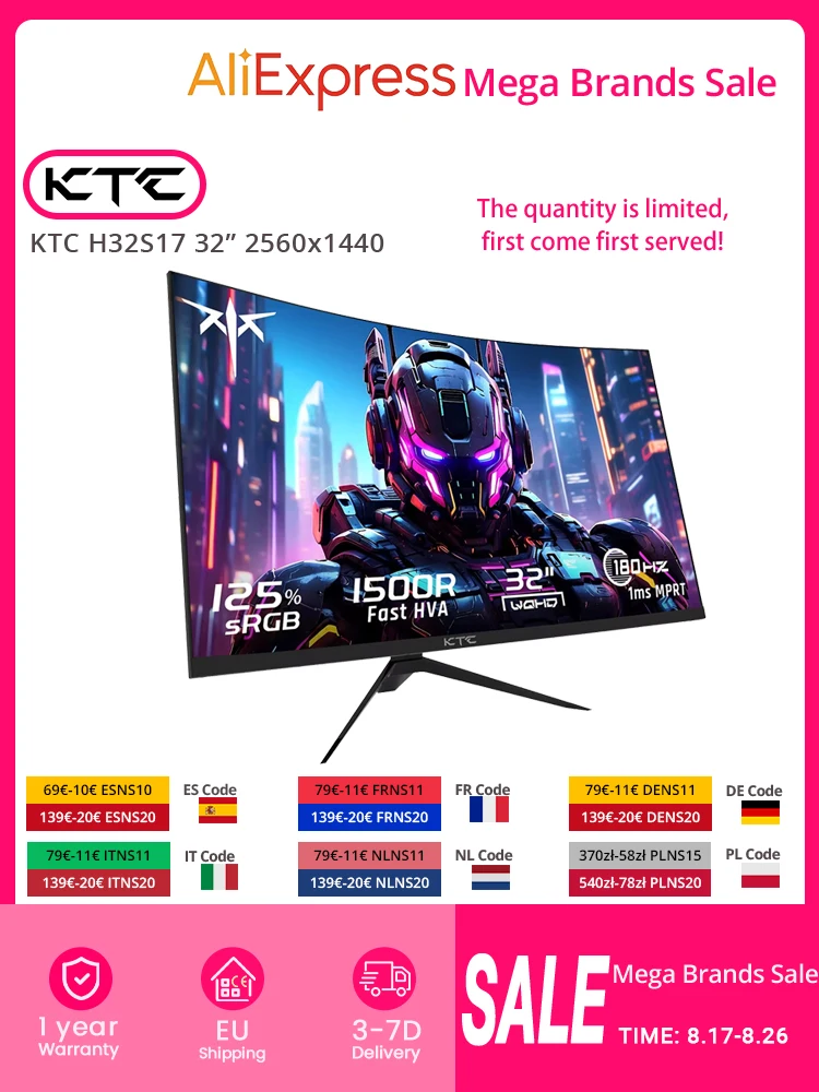KTC H32S17 Gaming-Monitor, 32 Zoll 2560x1440 QHD, 180Hz HVA Curved 1500R, 300cd/m2 Helligkeit, 125% SRGB, 1ms (MPRT) Reaktionszeit
