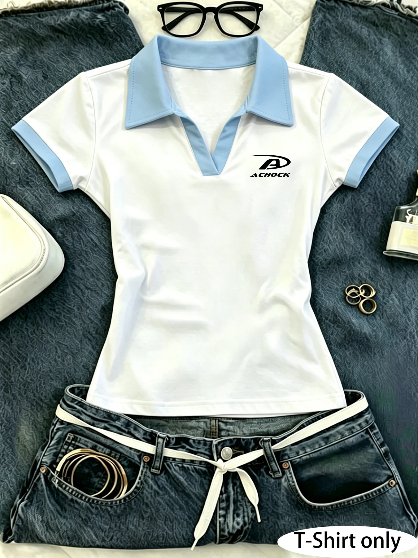 New Women's Colorblocked Versatile Notch Lapel Polo Short Sleeve T-Shirt