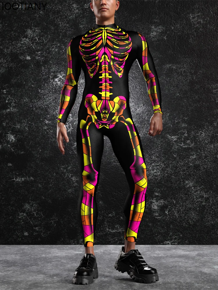 Halloween Skull Print Cosplay Jumpsuit Men Sexy Bodysuit Horror Theme Party Zentai Suit Festival Rave Outfit Aerial Yoga Clothes