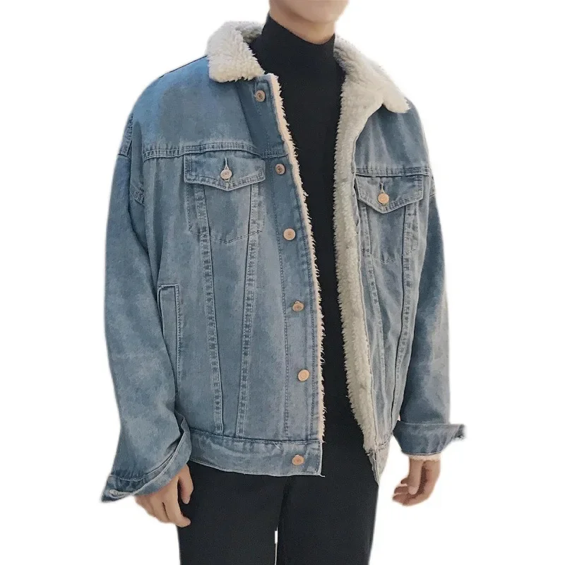 

European and American Men's New Winter Trendy All - Match Thickened Lamb Wool Casual Single - Breasted Denim Jacket M-XXXXL