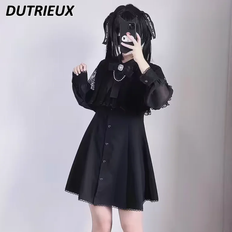 

Japanese Style Tie Shawl Lace Bow Chiffon Fashion Women's Long-sleeved Dresses Lolita Simple Casual Elegant Dress for Ladies