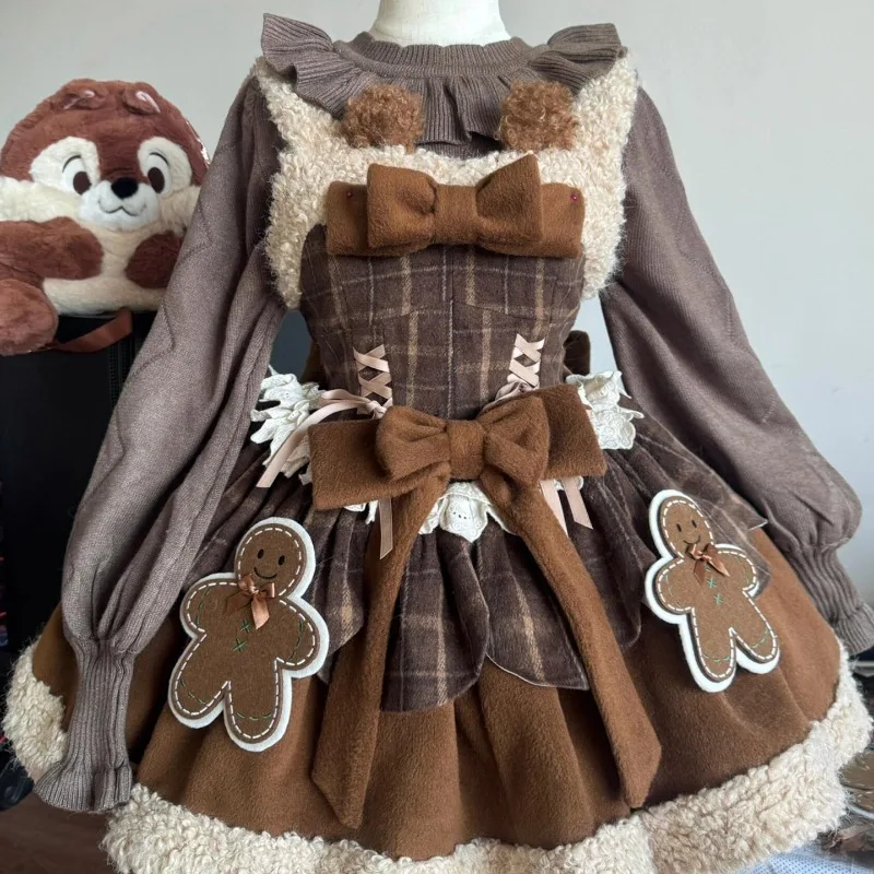 French Vintage Sweet Lolita 2Pcs Set for Women, Cape Shawl 3D Bow Plaid Dress, Gingerbread Man Decor Autumn Winter Cute Outfit