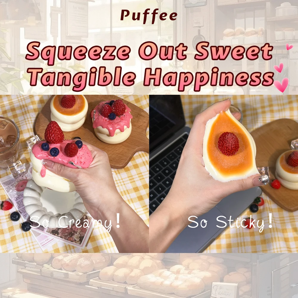 Brinquedo mole de silicone de qualidade alimentar com soufflé de morango, mole artesanal, brinquedo de apertar adesivo macio cremoso, panqueca doce