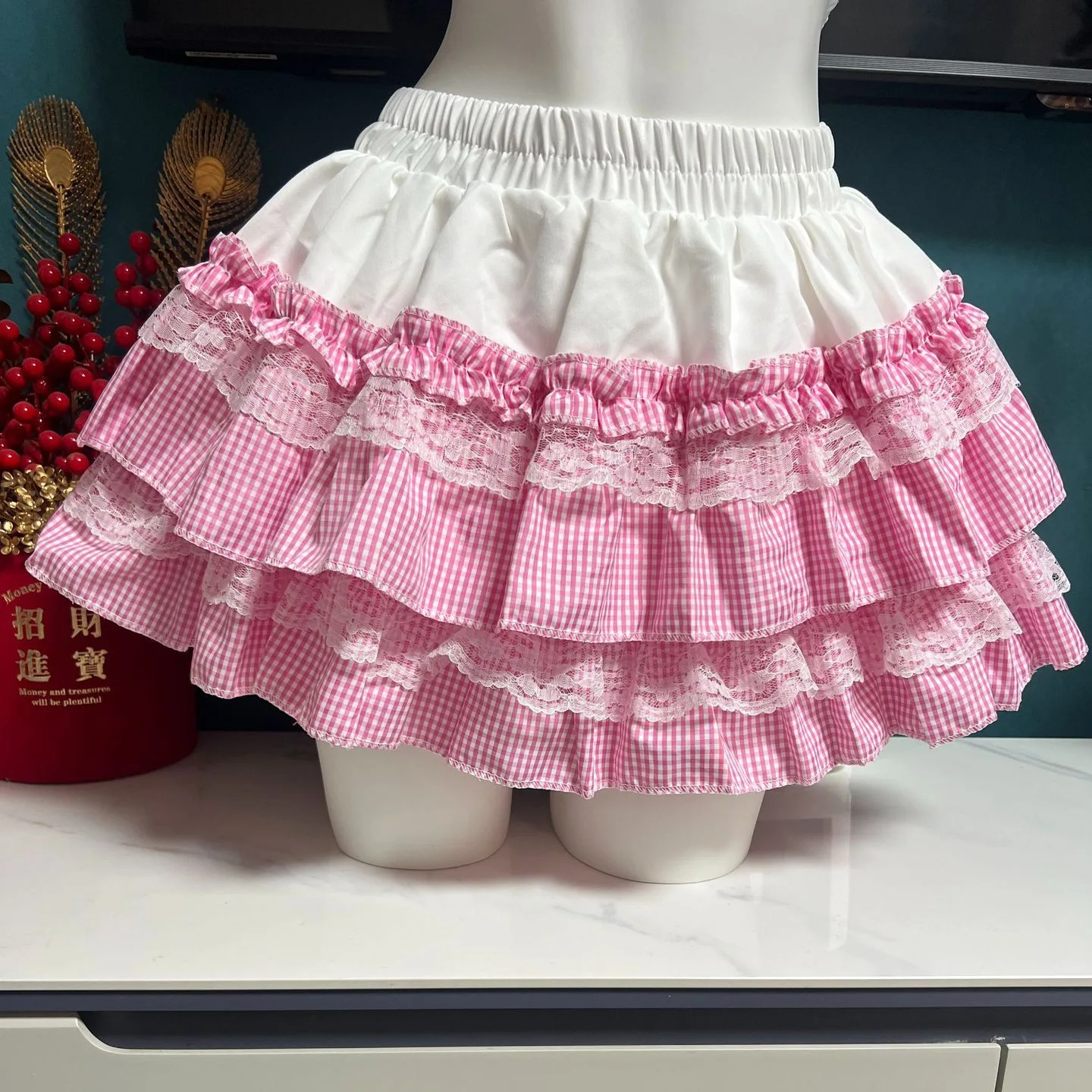 Kawaii Pink Gingham Tiered Cake Mini Skirt Women Lace Ruffle Elastic Waist Puffy Lolita Summer Cute Plaid Bubble Short Skirt Y2K