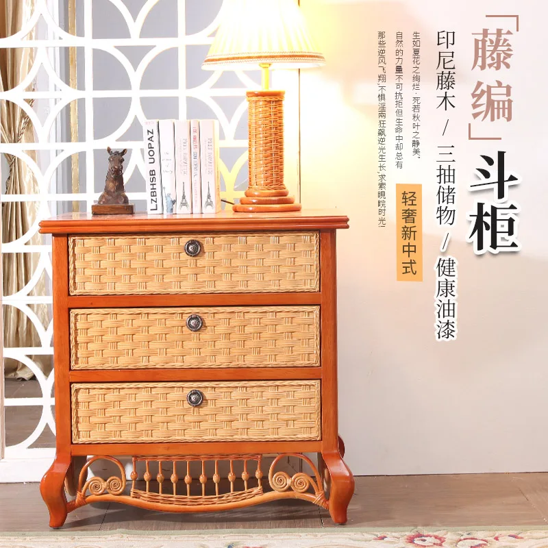 

Natural rattan solid wood 3 bucket cabinets living room bedroom medieval storage three bucket cabinets against the wall bedside