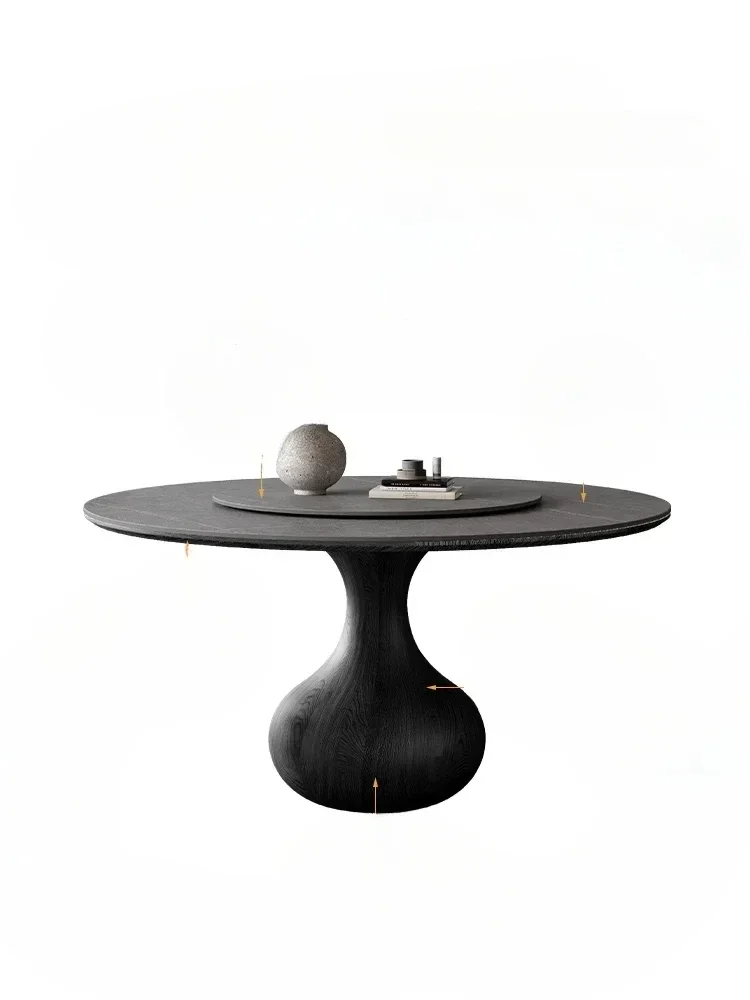French retro wind rock slab dining table with turntable household Italian simple black solid wood dining table