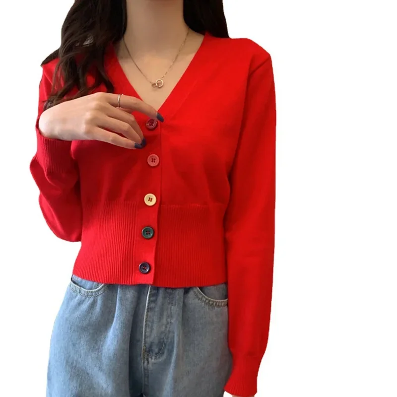 Autumn and Winter Little Fresh Colorful Buttons Younger Slim-Fit Slimming V-Collar Cardigan Long-Sleeved Sweater Top for Women