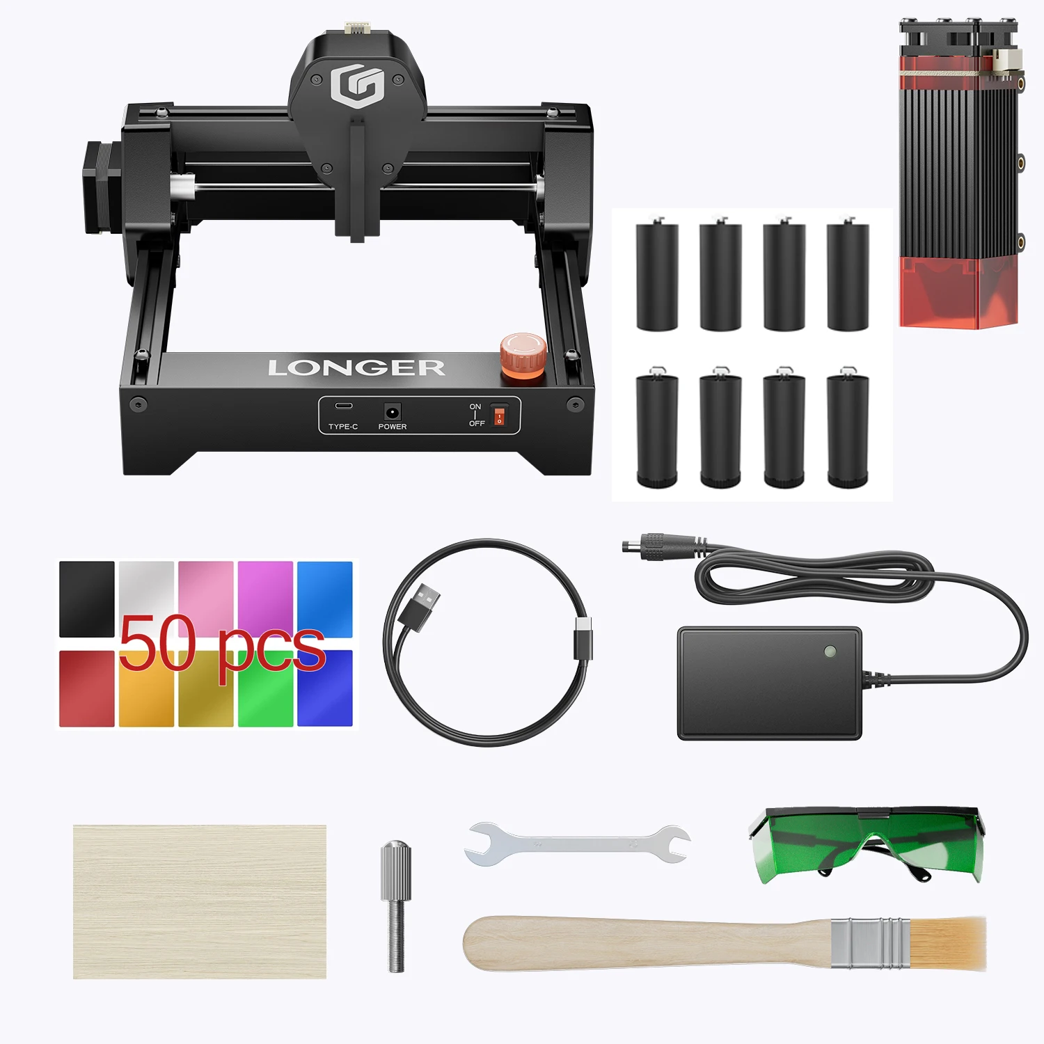 휴대용 레이저 조각기 RAY5 미니 3.5W + 8개 라이저 도구 + 50개 알루미늄 카드 재료 데스크탑 CNC 키트
