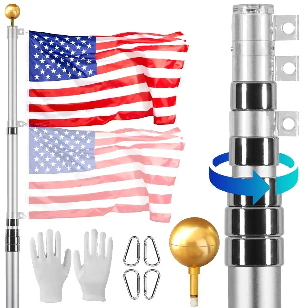 

30FT Telescoping Flag Pole Heavy Duty Aluminum Alloy In Ground Outdoor 3 Display Modes 3x5 American Flag with Accessories Silver