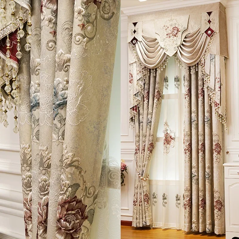 Custom Noble Valance New 3D Embossed Luxury European Flower High-end Textured Tulle Cort Curtains for Living Dining Room Bedroom
