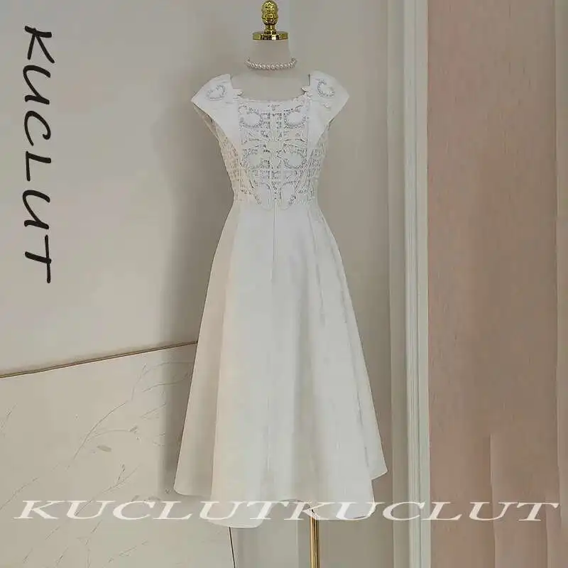 

KUCLUT Fashion Women's Heavy Industry Nail Bead Lace Splicing Dress Elegant Sleeveless O-neck Dresses Female Trendy New K168