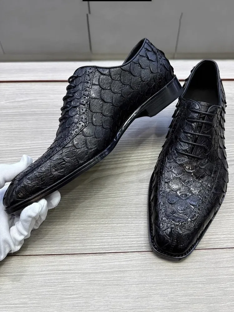 Business Casual Genuine Leather Dress Shoes Men Luxury Snake Skin Italian Style Derby Shoes Office Men Pointed Toe Formal Shoes