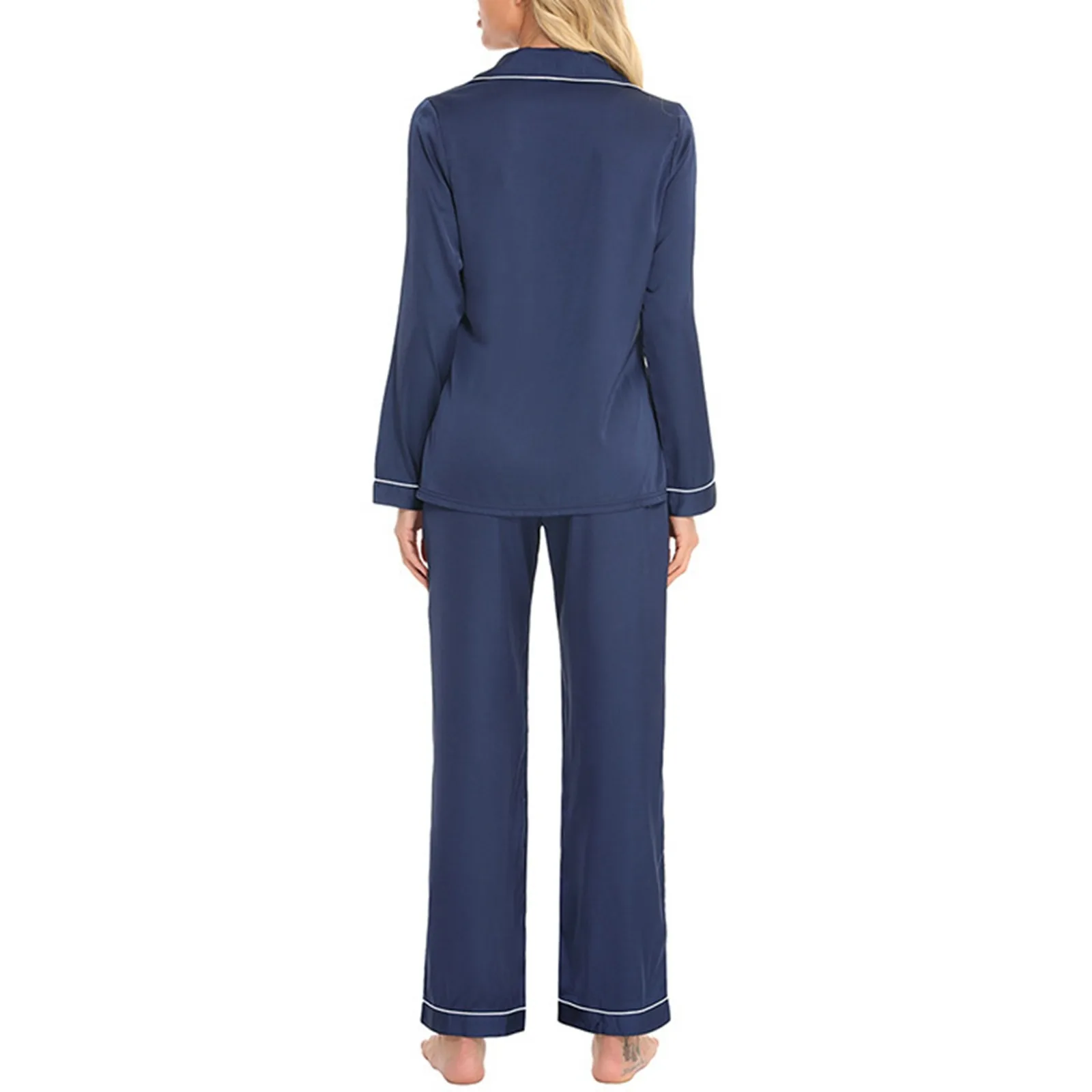 Women's Silk Comfortable Lapel Long Sleeve And Pant Two Piece Suit With Crepe Edge Loose Casual Homestay Pajamas Sets For Female