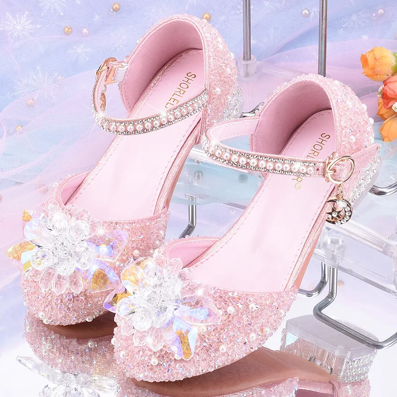 

2025 Summer Girls' Crystal Princess Shoes Fashion Rhinestone Children's High Heels Performance Dance Girls' Leather Shoes