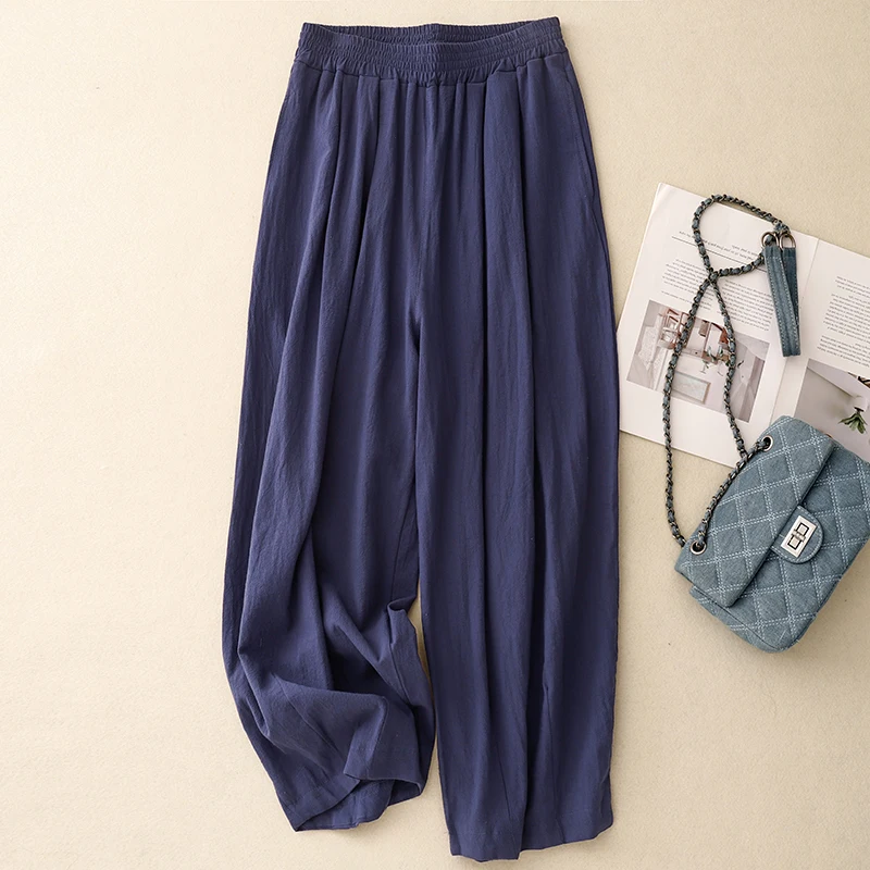 ربيع الخريف القطن الكتان سراويل تقليدية فضفاضة الفنية لون نقي تسع نقاط رقيقة بالون السراويل مريحة Harajuku Sle