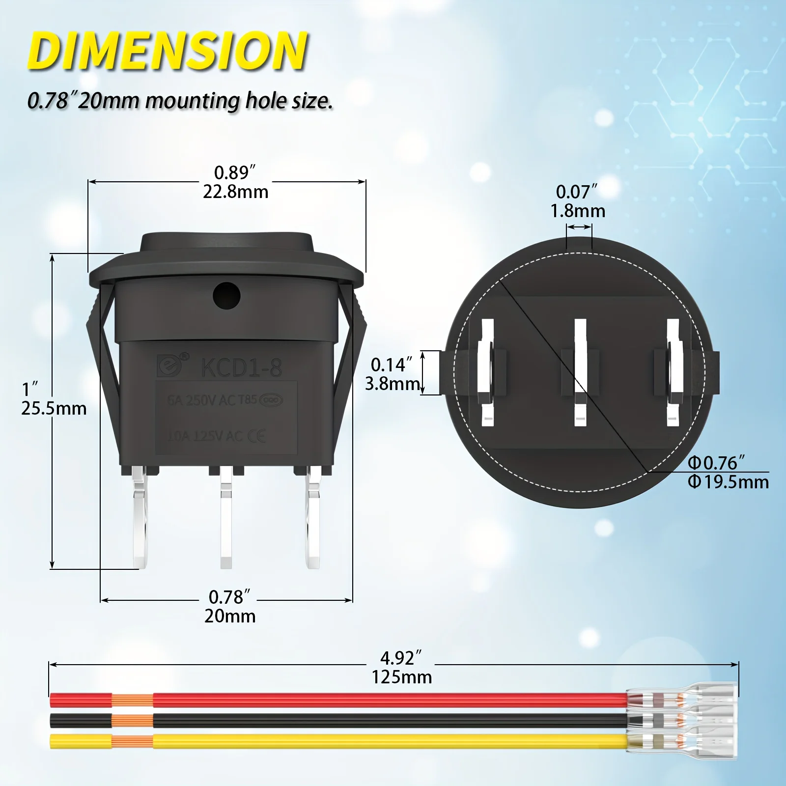 5pcs 12V Round Rocker Switch - 3-Position SPDT ON/Off/ON, Waterproof, 6A/250V AC 10A/125V DC, Circle Design with Wires - Perfect