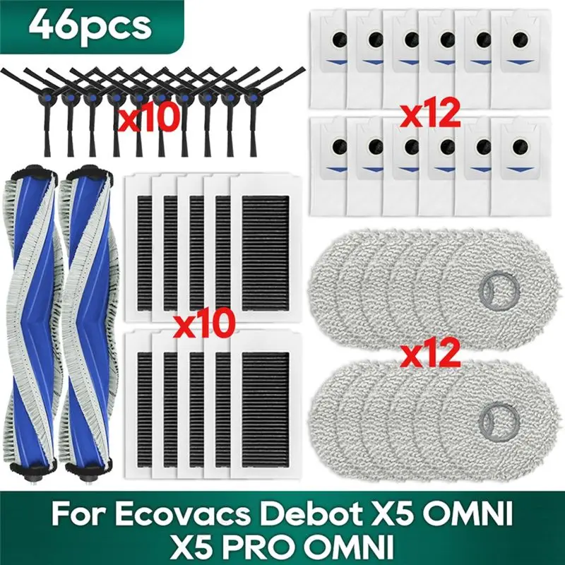 A33Z-46PCS Brush Filter Mop Cloth And Dust Bag For Ecovacs X5 Omni X5 Pro Omni Vacuum Cleaner Accessories Replacement Parts