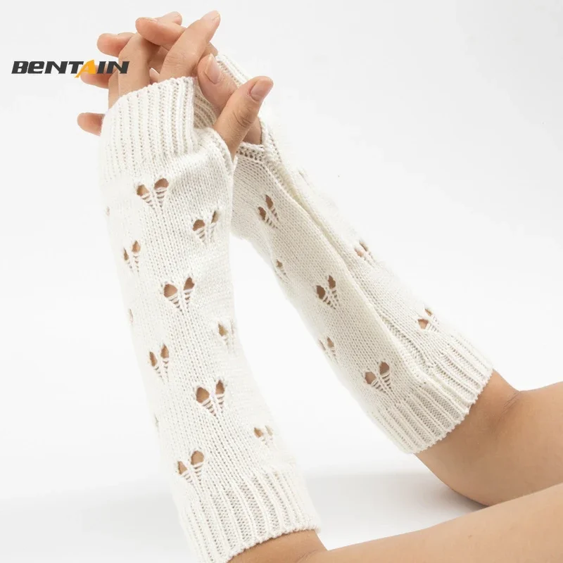 Women Winter Arm Warmer Knitted Stylish Hand Gloves Girl Arm Sleeve Crochet Knitting Hollow Heart Mitten Warm Fingerless Gloves