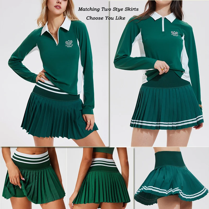 VITALINOVO المرأة 2 قطعة فستان التنس عالية الخصر مطوي تنورة Skorts سستة اللون كتلة جولف قمصان بولو Pickleball رياضي #5