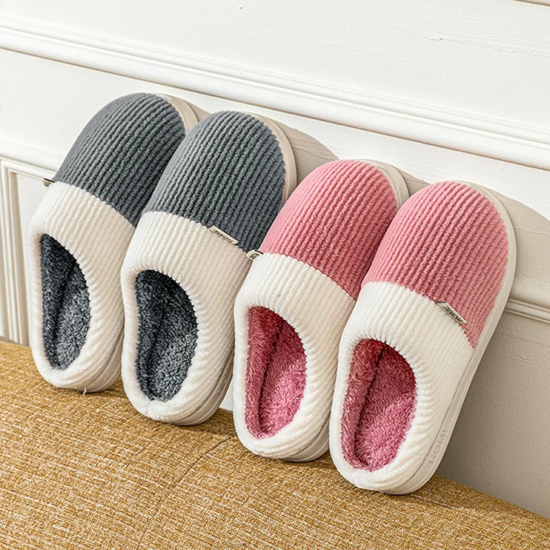 

2025 New Warm Men Slippers Women Winter Cotton Shoes Non-Slip Thick Sole Soft Flats Bedroom Concise Home Couples Furry Slipper