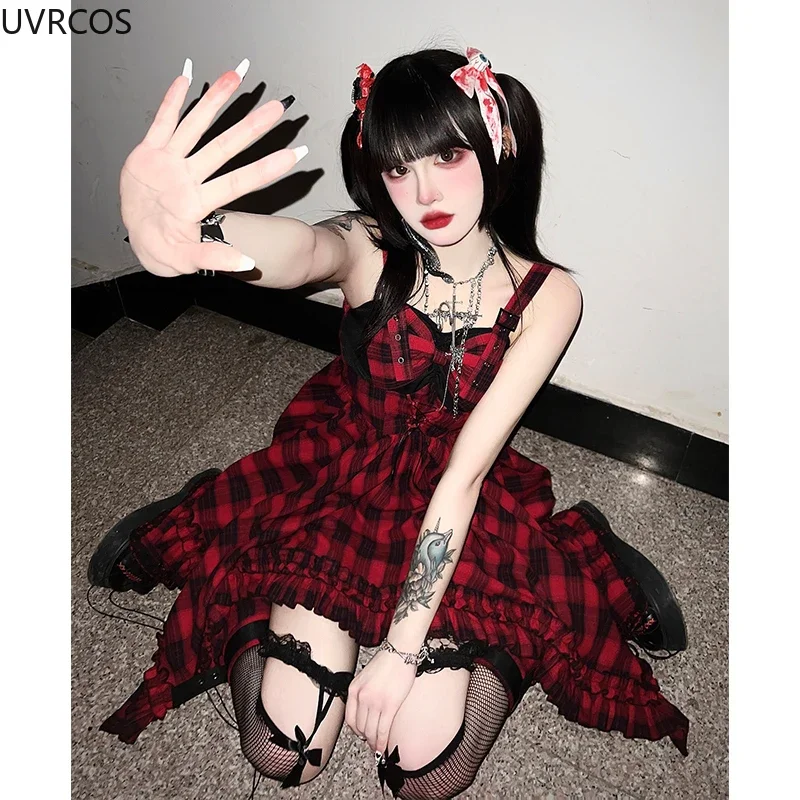 Japanese Y2k Punk Style Lolita Jsk Dress Women Red Bow Plaid Irregular Ruffles Dresses Autumn Clothes Vintage Gothic Party Dress