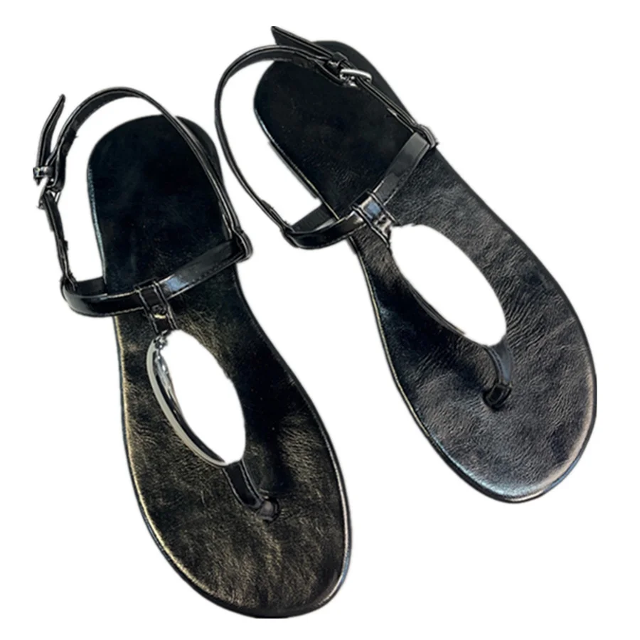 

Withered Minimalist Genuine Leather Sandals With Faux Gemstones French Office Ladies Elegant Flat Shoes Summer Sandals Women