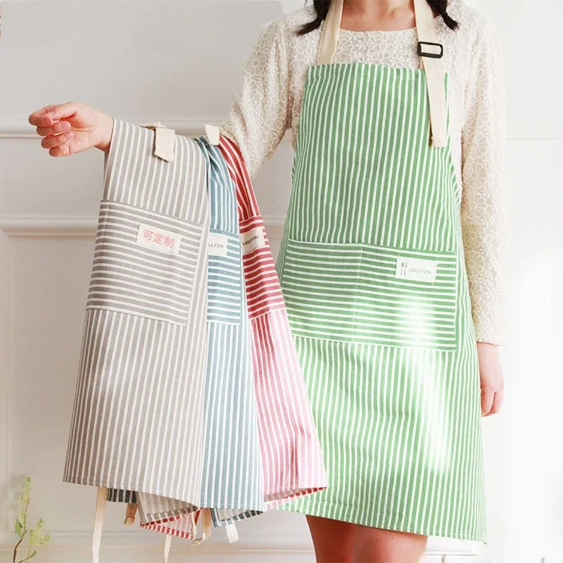 New Japanese Cotton Linen Fashion Striped Apron Pocket Florist Gardening Coffee Shop Overalls Kitchen Cooking Apron Sleeveless