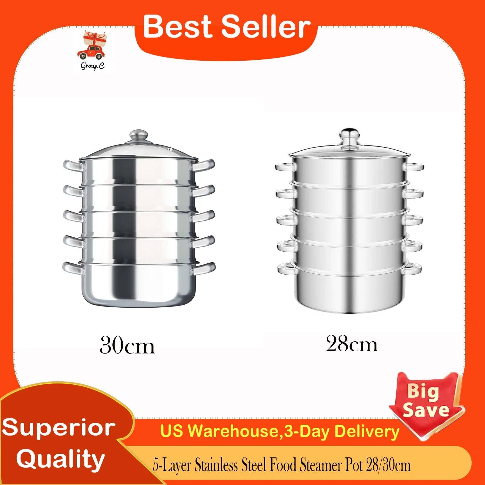 

5-Layer Stainless Steel Food Steamer Pot 28/30cm,Multi-Tier Dumpling Steamer with Glass Cover,Healthy Kitchen Cookware for Stove