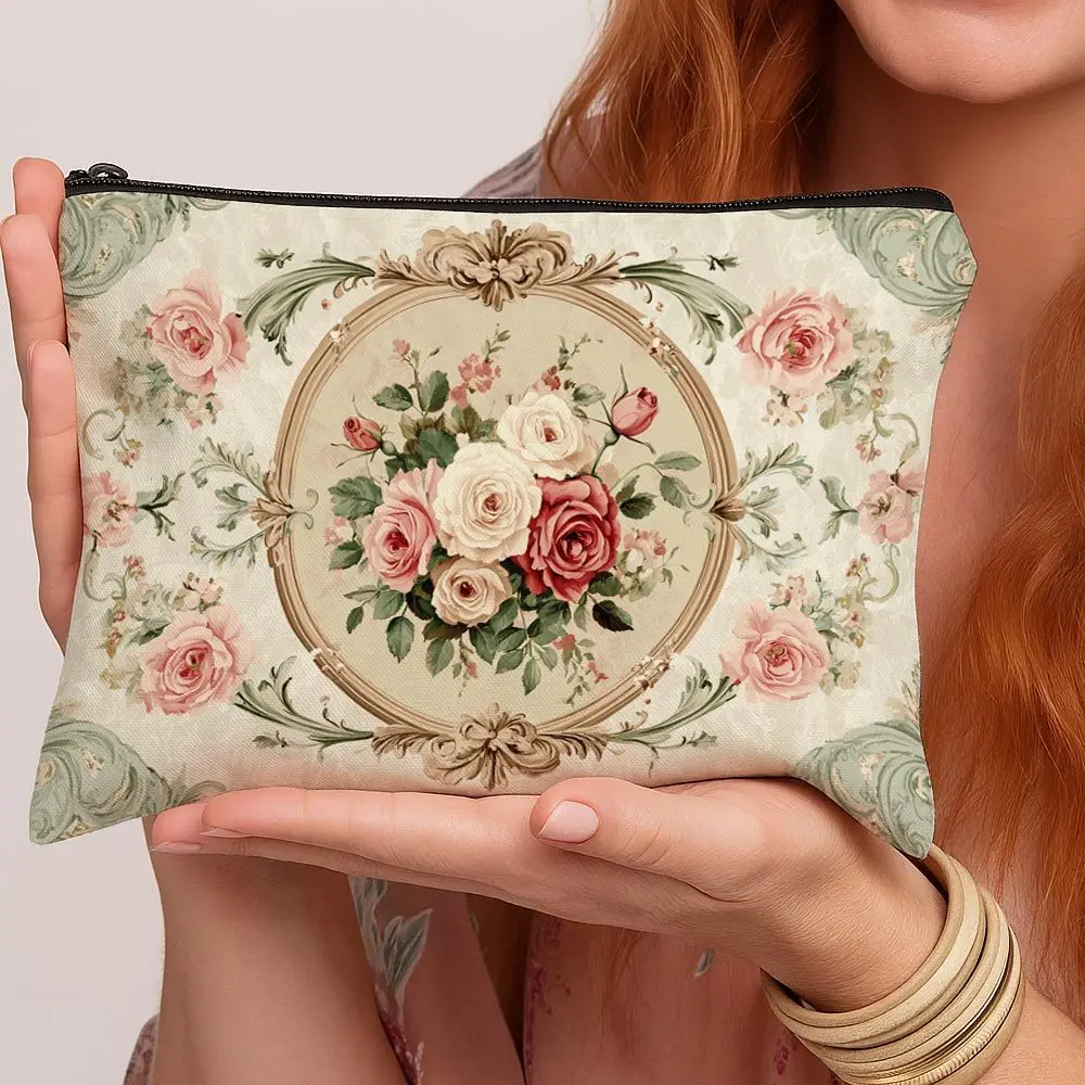 1pc Vintage Rose Floral Print Makeup Bag,Cosmetic Pouch,Perfect for Daily,Travel,Makeup Storage,Elegant Gift for Flower Lovers.