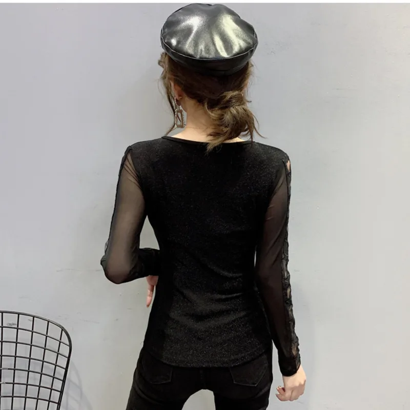 #7927 Red Black Sexy Spliced Mesh See Through T Shirt Women Slim V Neck Hollow Out Elastic Long Sleeved Womens Tee Shirts Tight