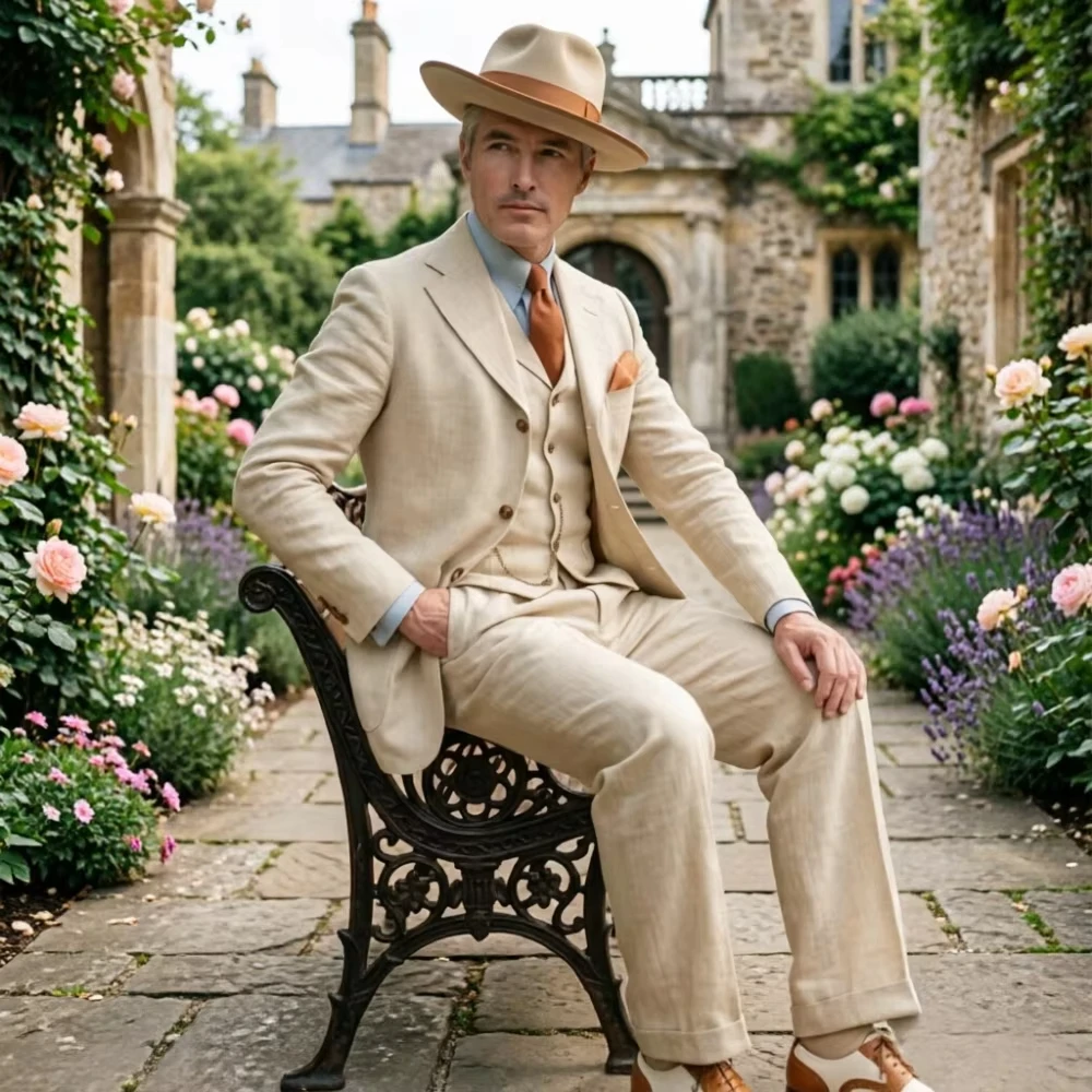 Men Linen Formal Wear - Beżowy lniany męski garnitur 3-częściowy w