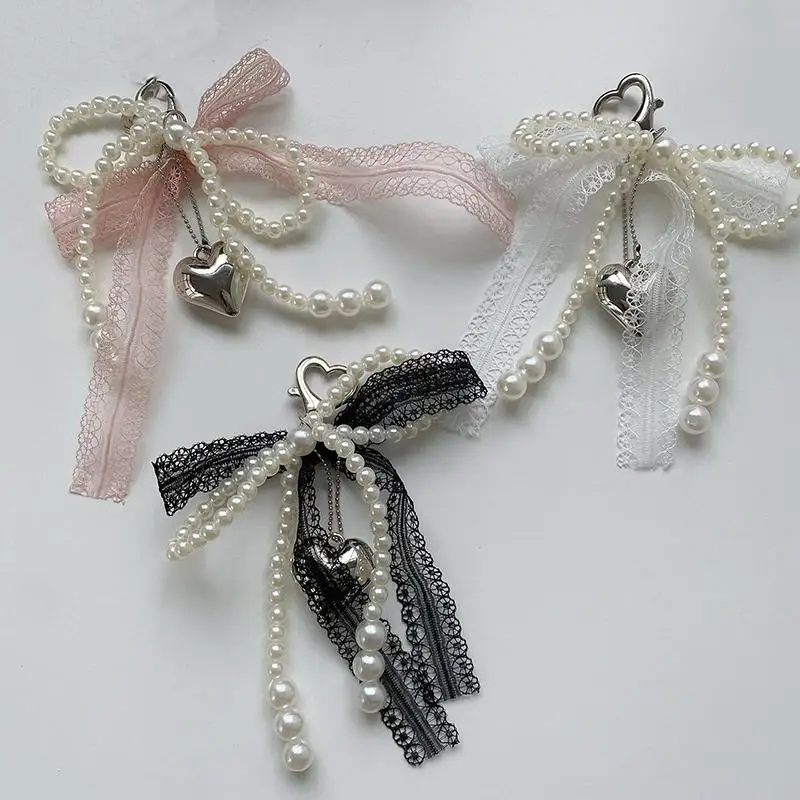 1Pcs Keychain Bow Lace Beaded Pendant Sweet Bowknot Strap For Phone Case Purse Women Girls Bag Decoration Gift