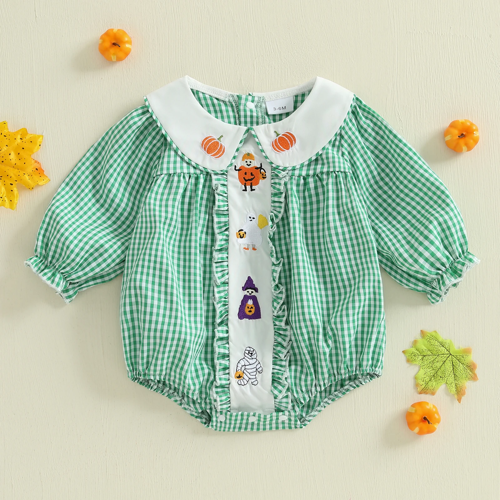 

VISgogo 0-18 Months Baby Girl Ghost Pumpkin Embroidered Jumpsuit Halloween Long Sleeve Doll Collar Plaid Rompers