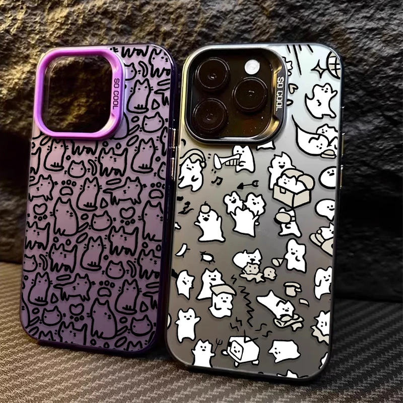 Cute Line Graffiti Cat Matte Case for iPhone 16 15 14 13 12 11 Pro Max XS X XR 8 7 Plus SE 2020 Shockproof Plating Hard Cover