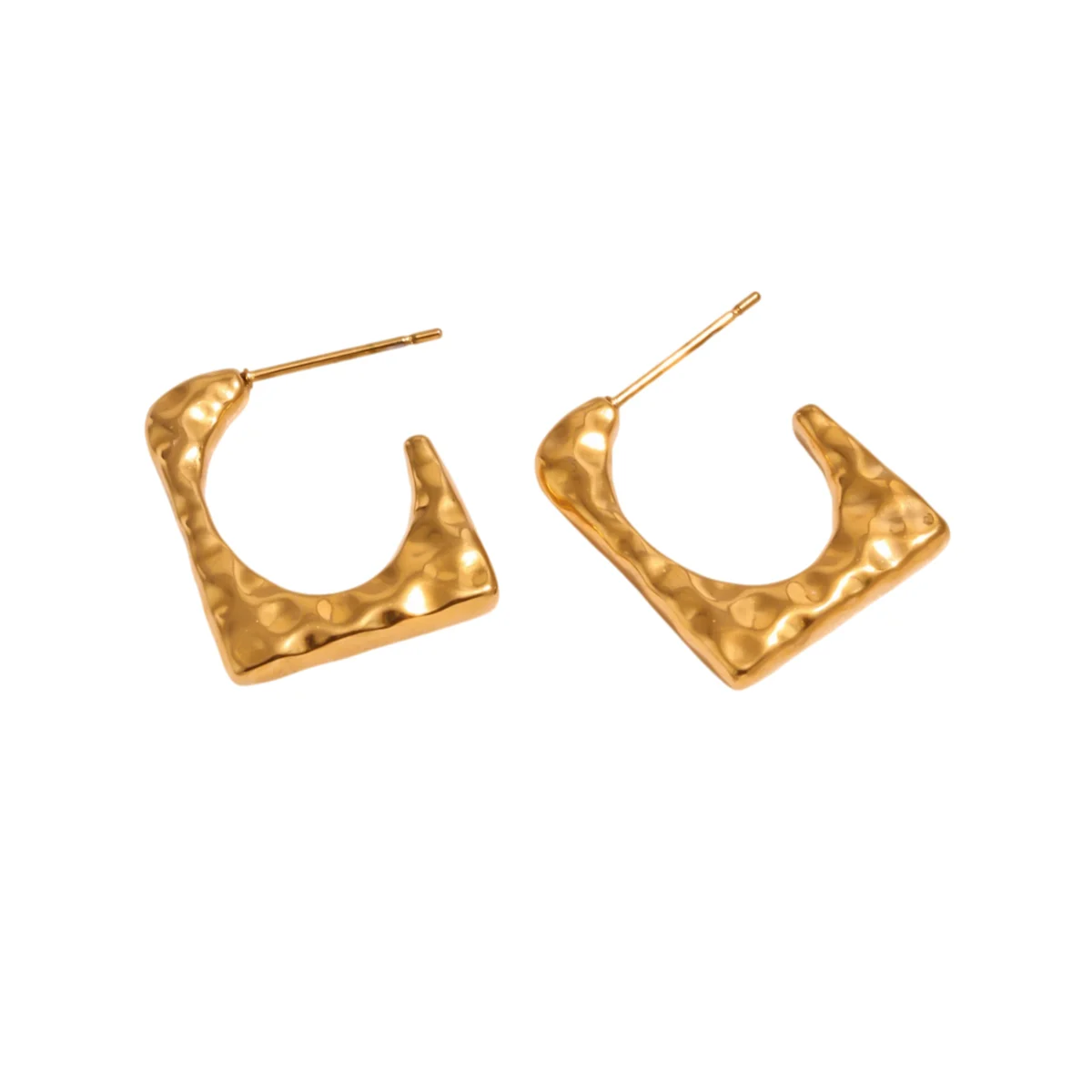 Vintage Goldfarbene Edelstahl-Creolen, gehämmerte geometrische quadratische plissierte klobige Croissant-Ohrringe, Damenschmuck – Detail 8